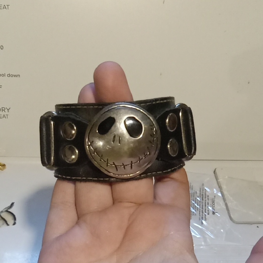Black Leather Bracelet with Silver Skull Design